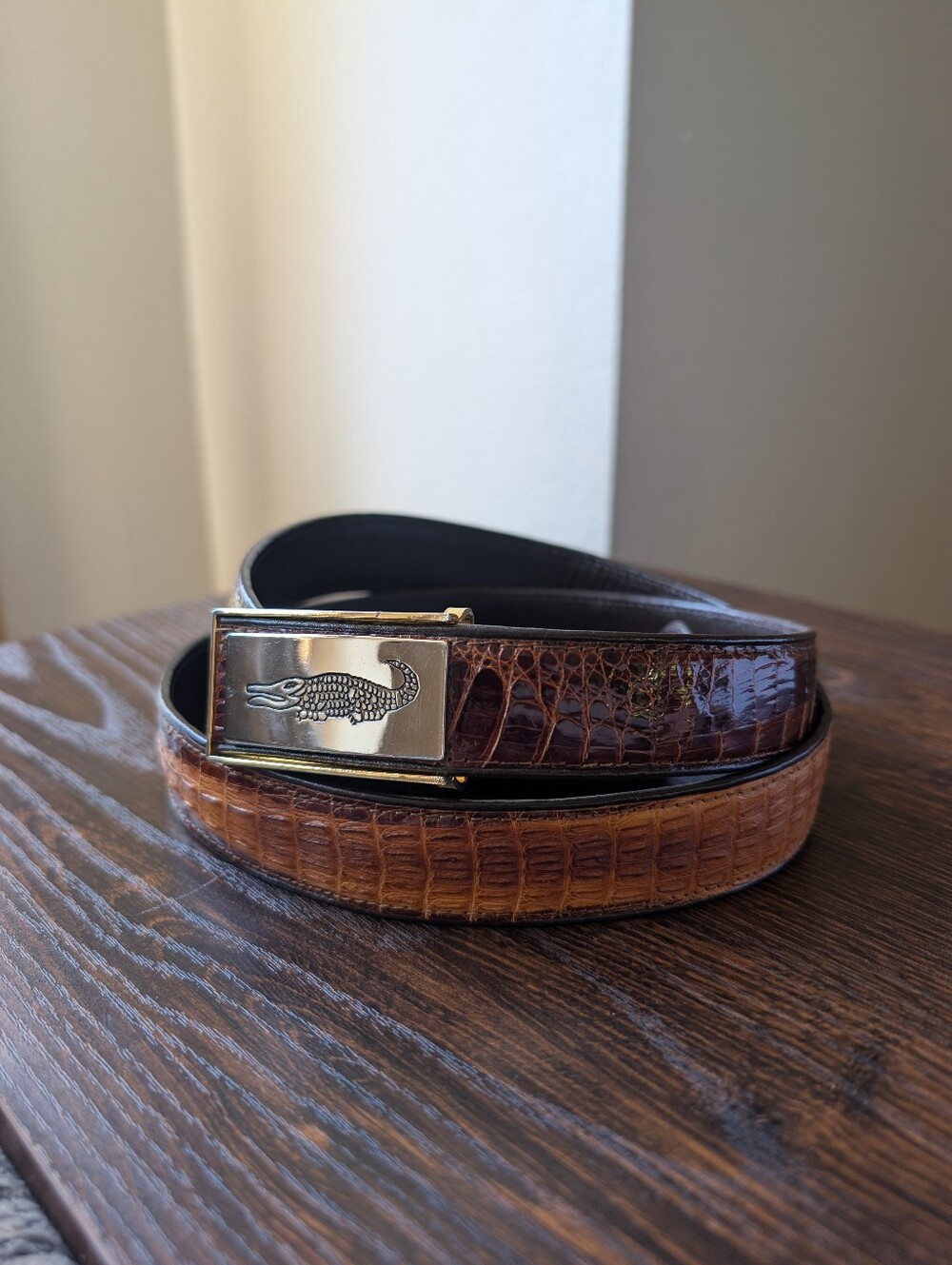 Genuine Crocodile Skin Leather Dark Brown Brown Belt Silver Gold Buckle
